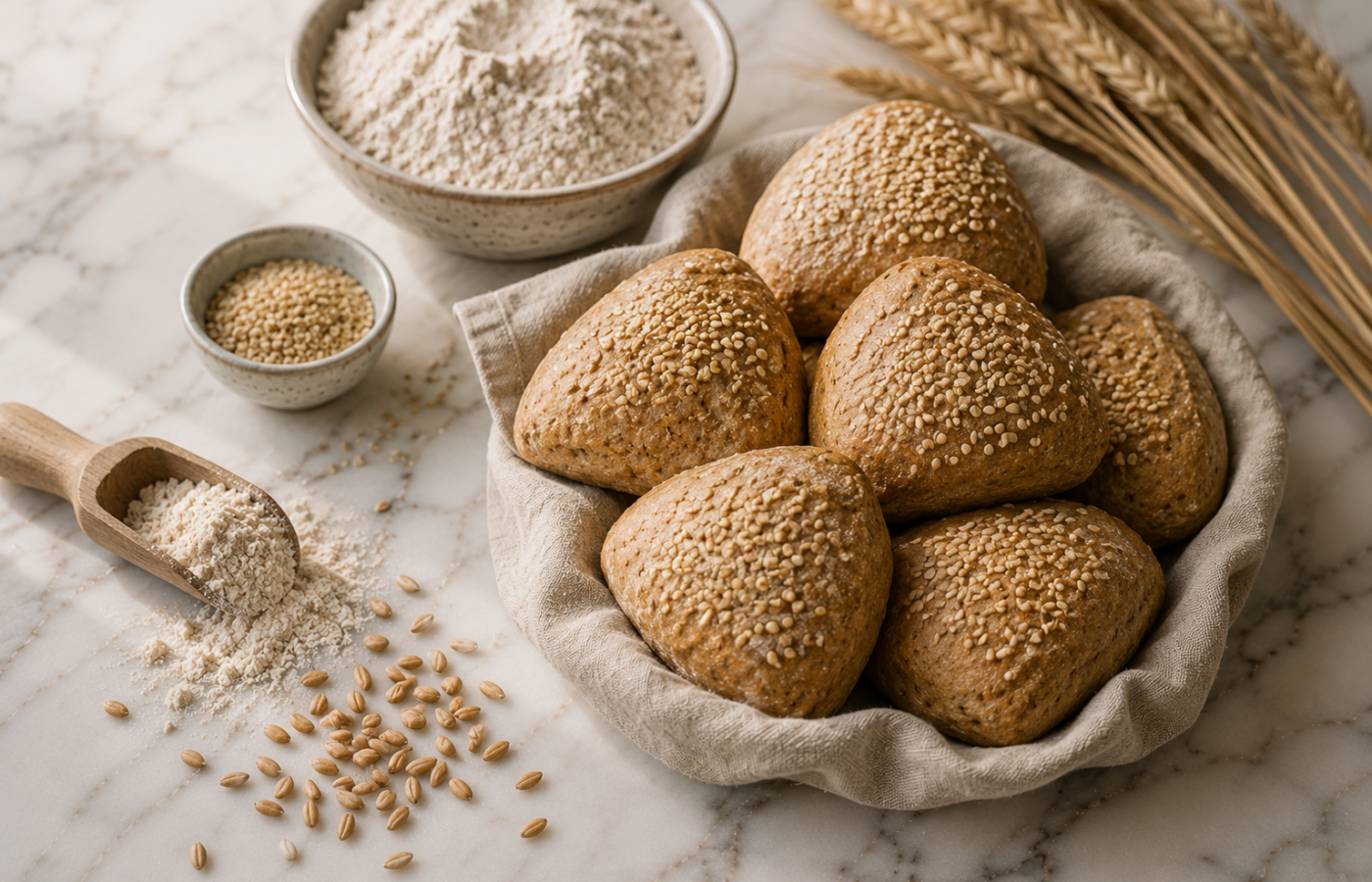Simple Wholefood Spelt Sesame Rolls (5 Ingredients)